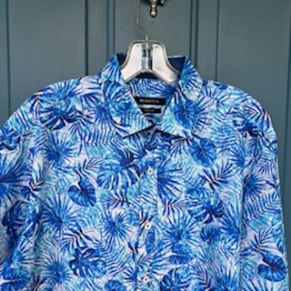 BUGATCHI CLASSIC FIT BUTTON FLIP CUFF BLUE PALM LEAVES SHIRT LARGE